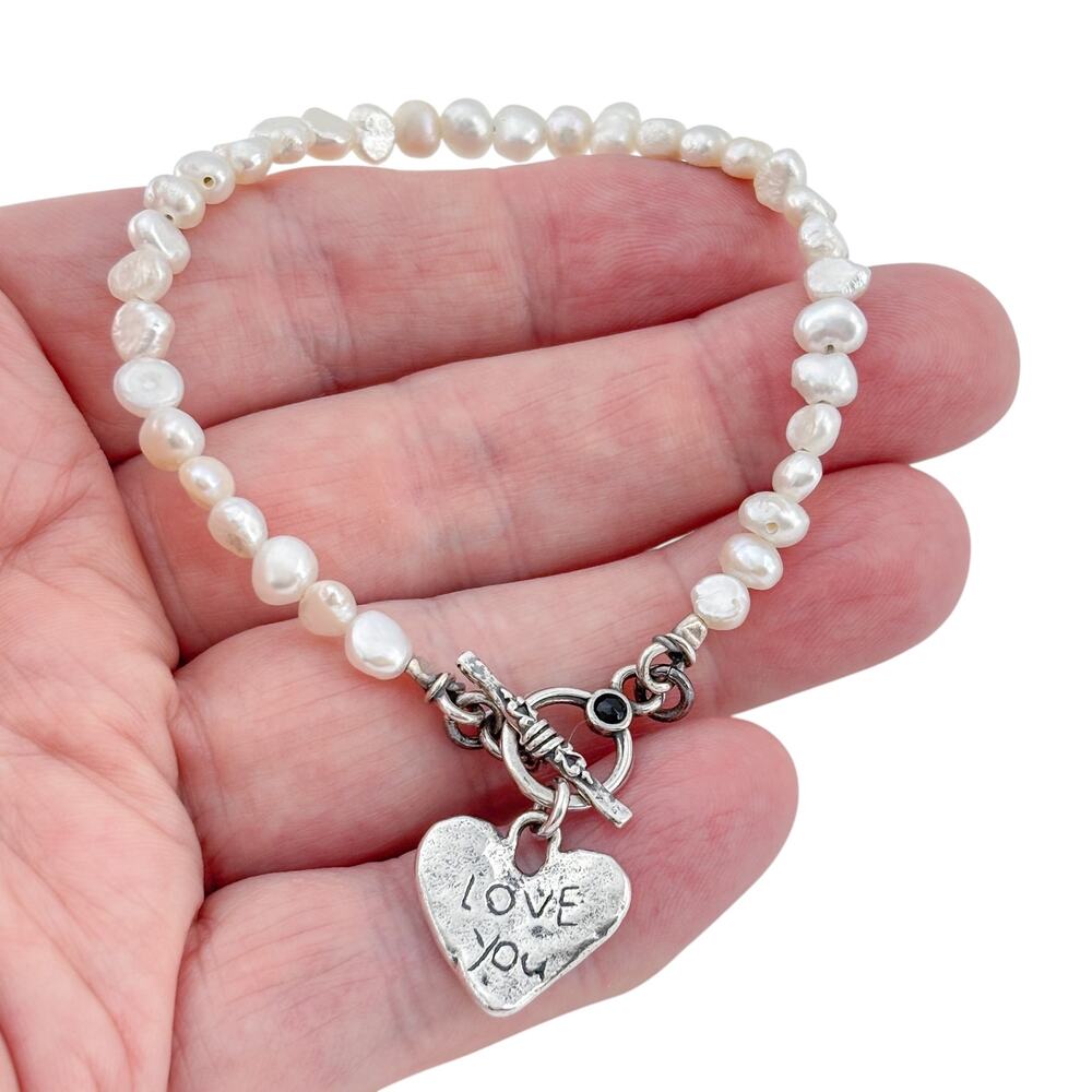 Vintage Sterling Silver 925 Pearl Love You Heart Bracelet 8"